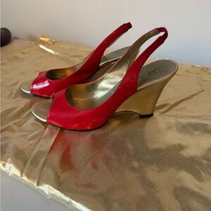 Anne Klein Red Patten Leather Open Toed Wedge Sandals